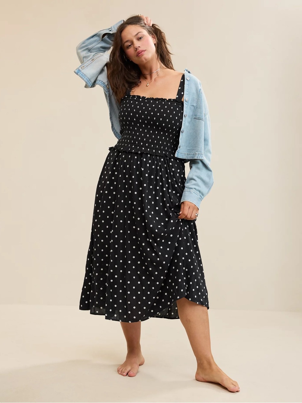 Aerie At the Barre Smocked Midi Dress Black White Polka Dot Pockets XL - Picture 1 of 15